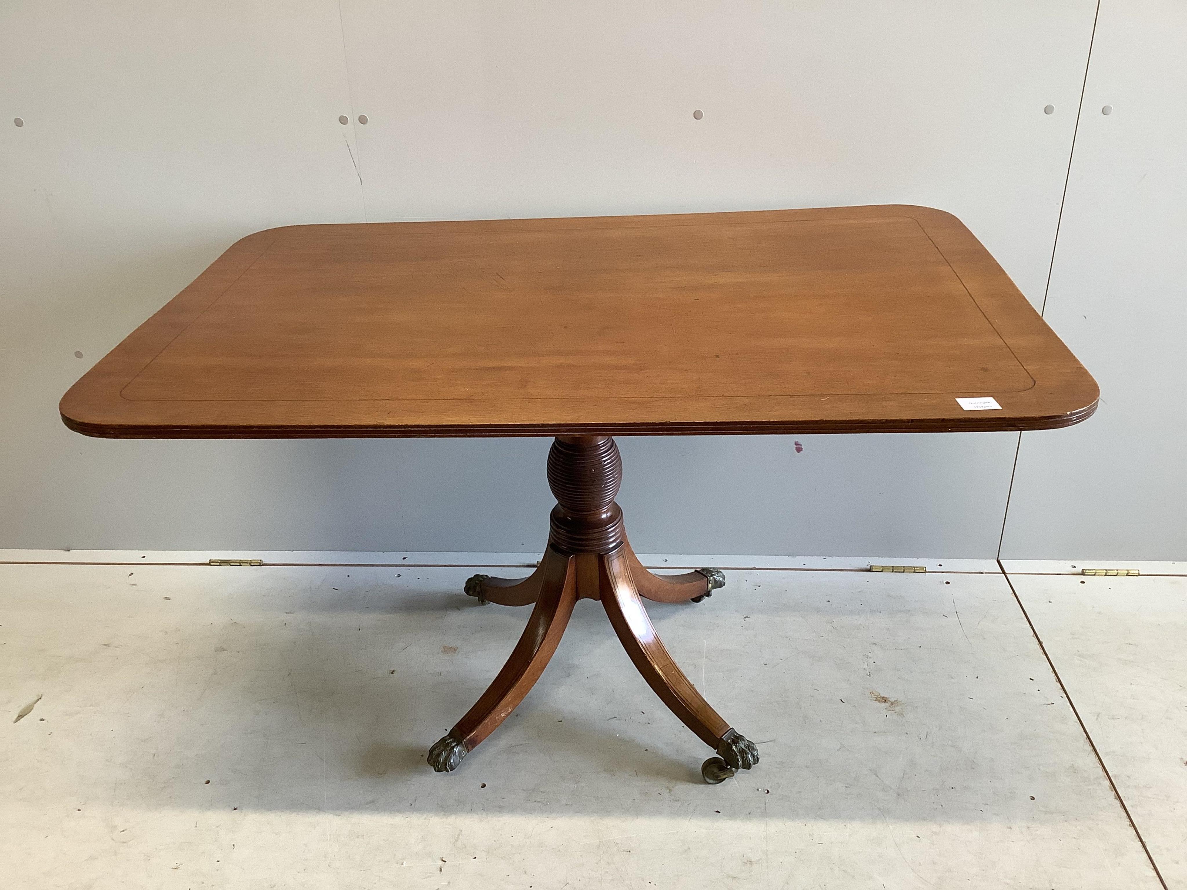 A George III rectangular mahogany tilt top dining table, width 79cm, depth 120cm, height 72cm. Condition - fair